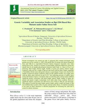Genetic Variability and Association Studies on Bpt-5204 Based Rice Mutants Under Saline Stress Soil