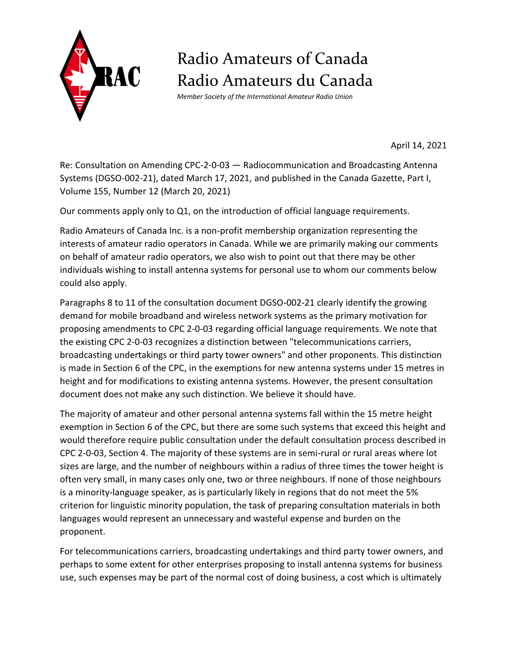 Radio Amateurs of Canada Radio Amateurs Du Canada Member Society of the International Amateur Radio Union