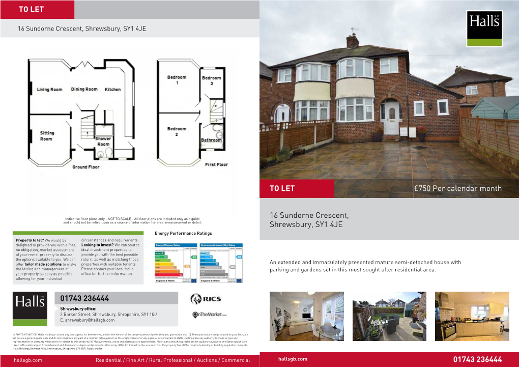 £750 Per Calendar Month 16 Sundorne Crescent, Shrewsbury