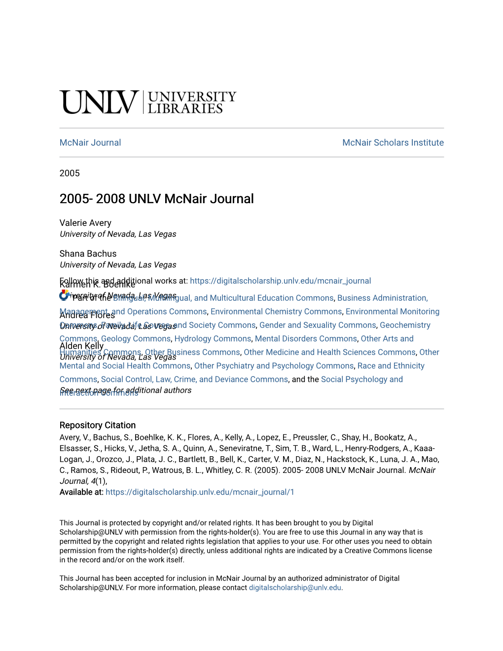 2005- 2008 UNLV Mcnair Journal