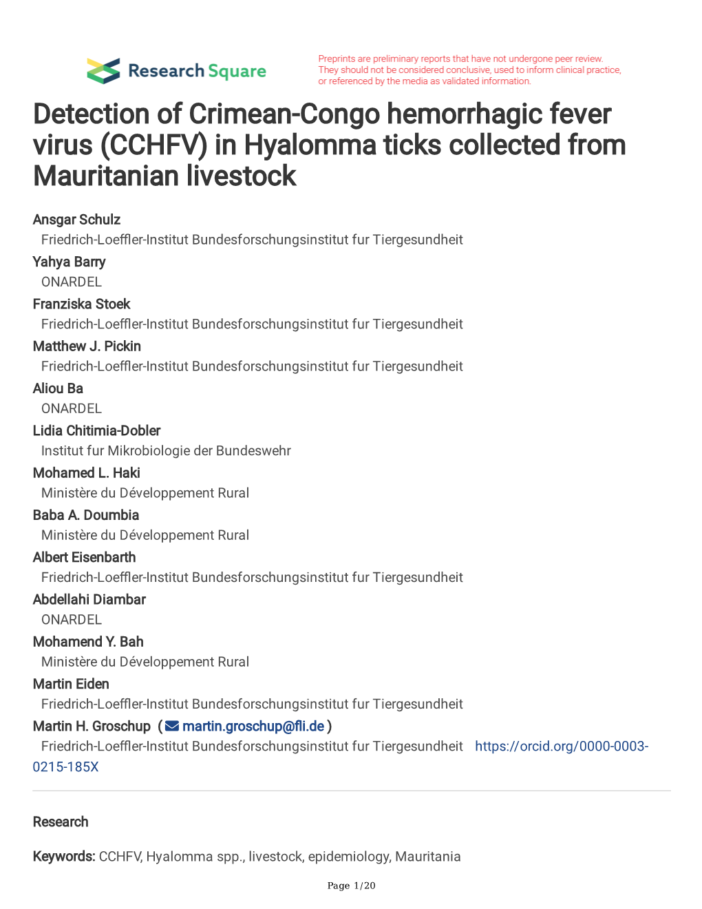 Detection of Crimean-Congo Hemorrhagic Fever Virus (CCHFV) in Hyalomma Ticks Collected from Mauritanian Livestock