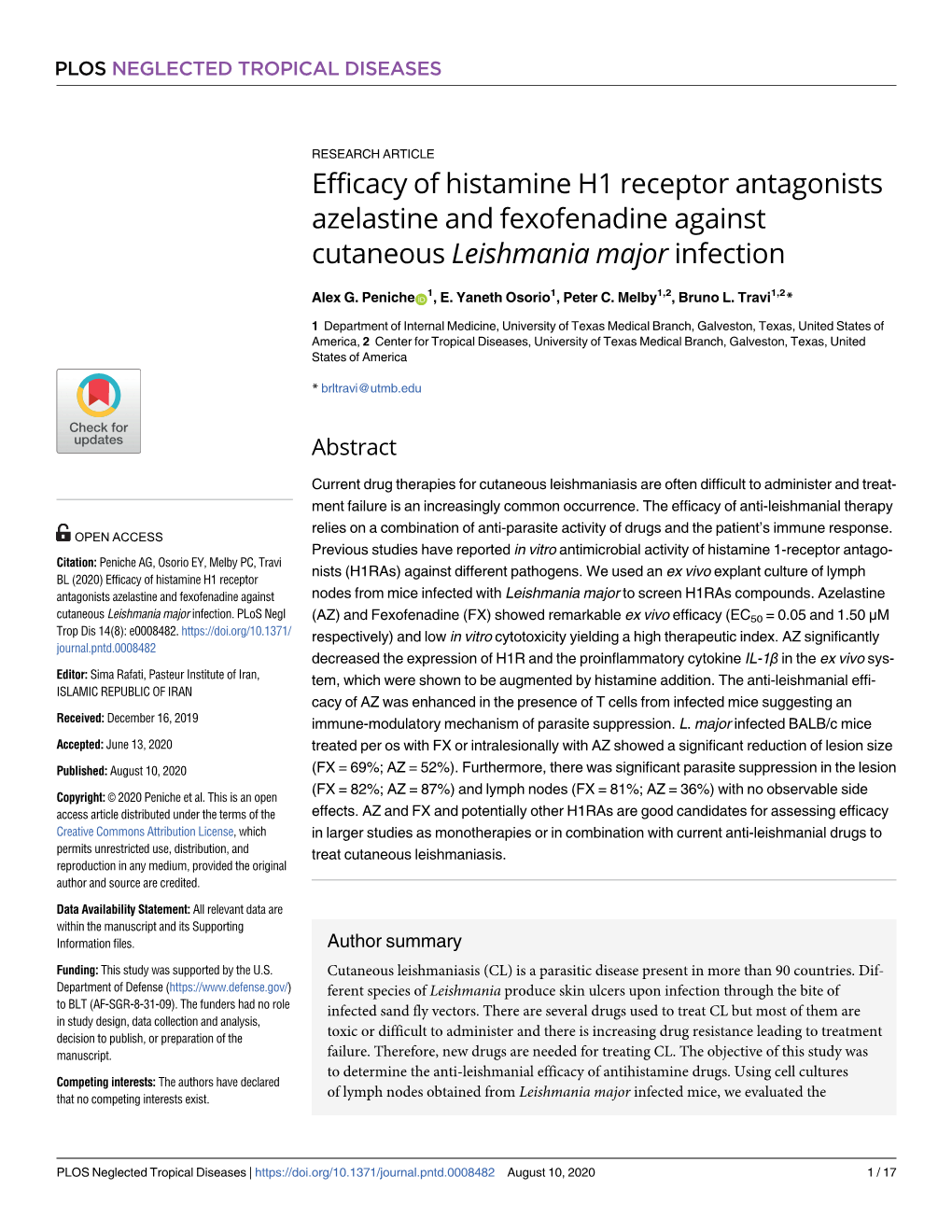 Efficacy of Histamine H1 Receptor Antagonists Azelastine and Fexofenadine Against Cutaneous Leishmania Major Infection