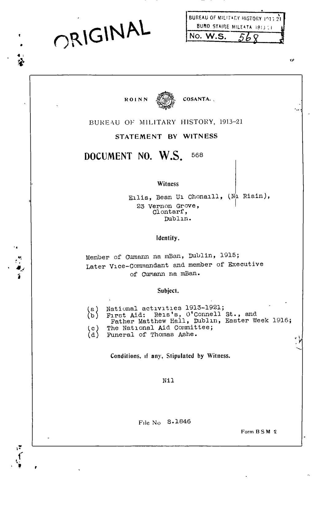 ROINN COSANTA BUREAU of MILITARY HISTORY, 1913-21 STATEMENT by WITNESS DOCUMENT NO. W.S. 568 Witness Eilis, Bean Ulchonaill