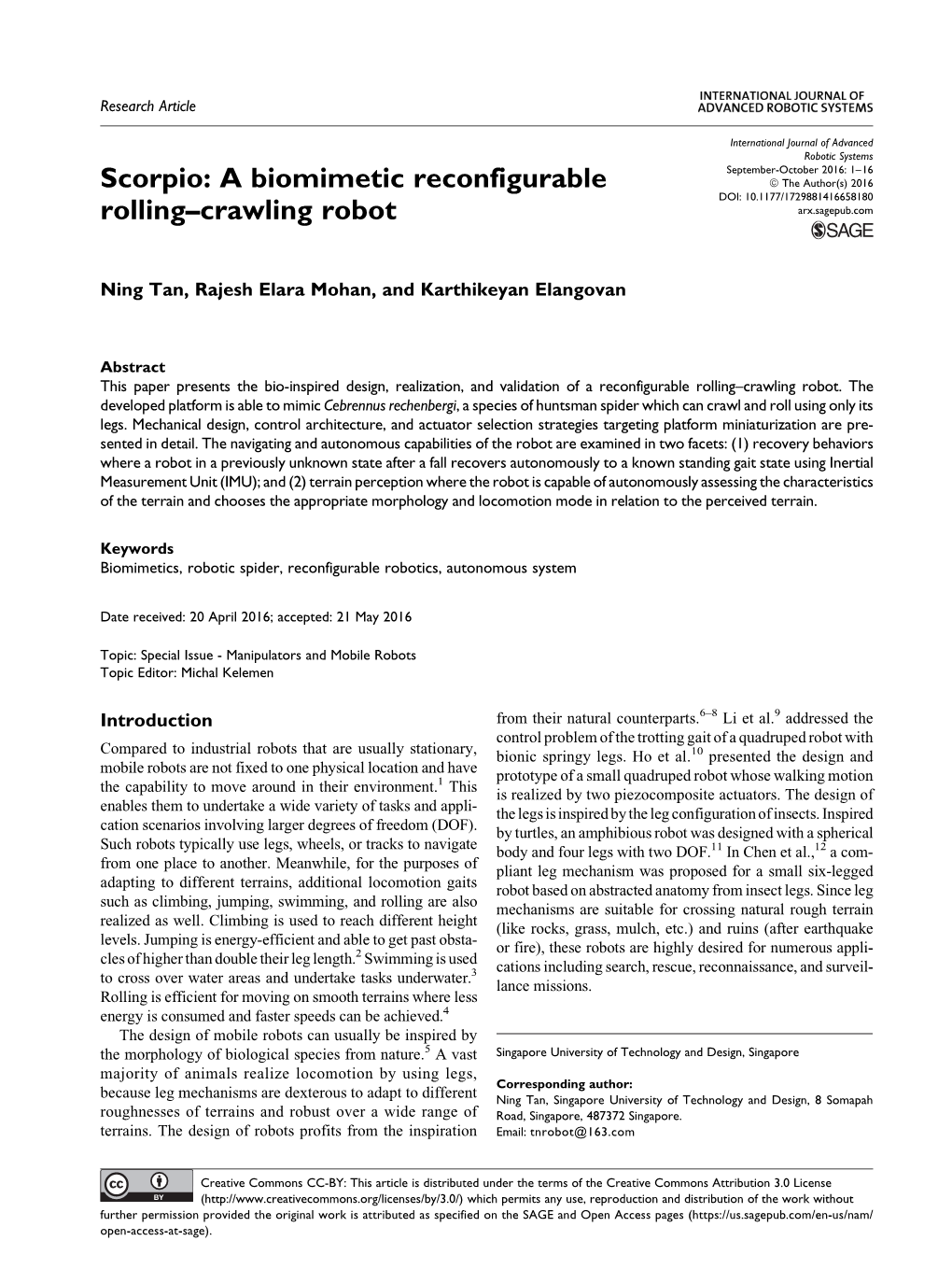 Scorpio: a Biomimetic Reconfigurable Rolling–Crawling Robot