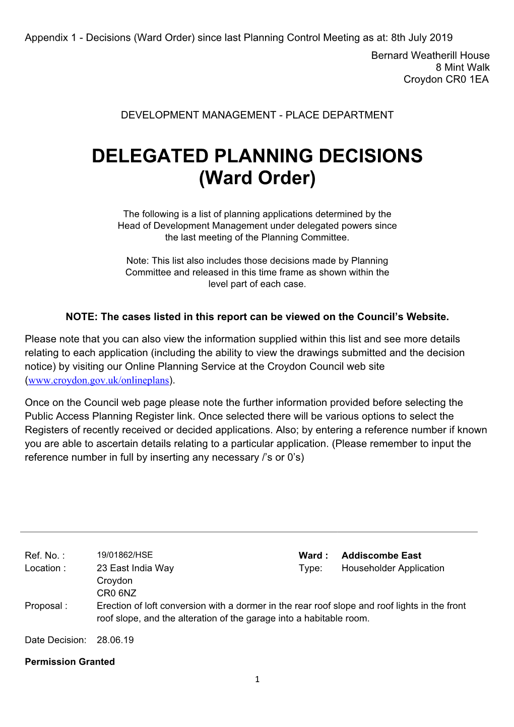 DELEGATED PLANNING DECISIONS (Ward Order)