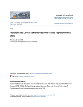 Populism and Liberal Democracies: Why Palin’S Populism Won’T Work
