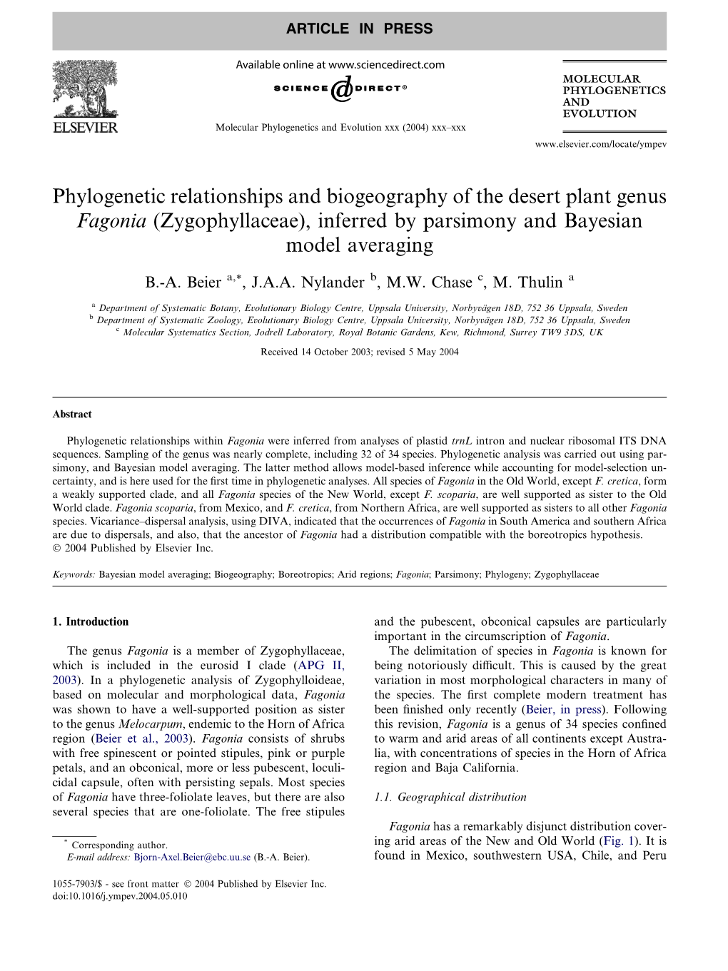 (Zygophyllaceae), Inferred by Parsimony and Bayesian Model Averaging