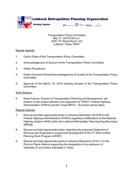 Transportation Policy Committee May 21, 2019 8:30 A.M. 1625 13Th Street Room 103 Lubbock, Texas 79401