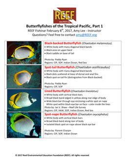 Butterflyfishes of the Tropical Pacific, Part 1 REEF Fishinar February 8Th, 2017, Amy Lee - Instructor Questions? Feel Free to Contact Amy@REEF.Org