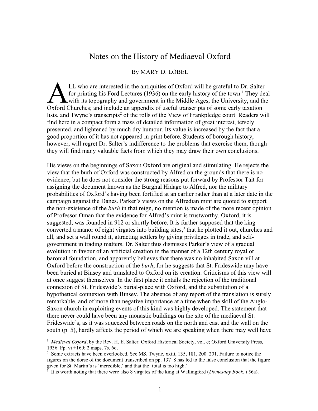 Notes on the History of Mediaeval Oxford