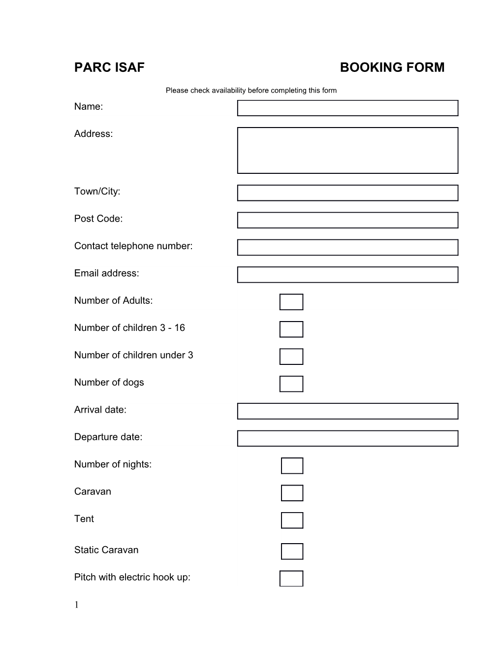 Booking Form Parc Isaf Farm