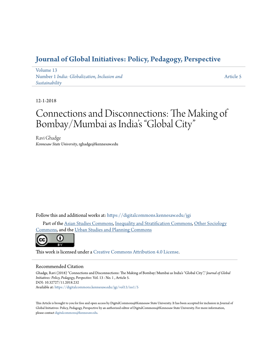 The Making of Bombay/Mumbai As India's “Global City”