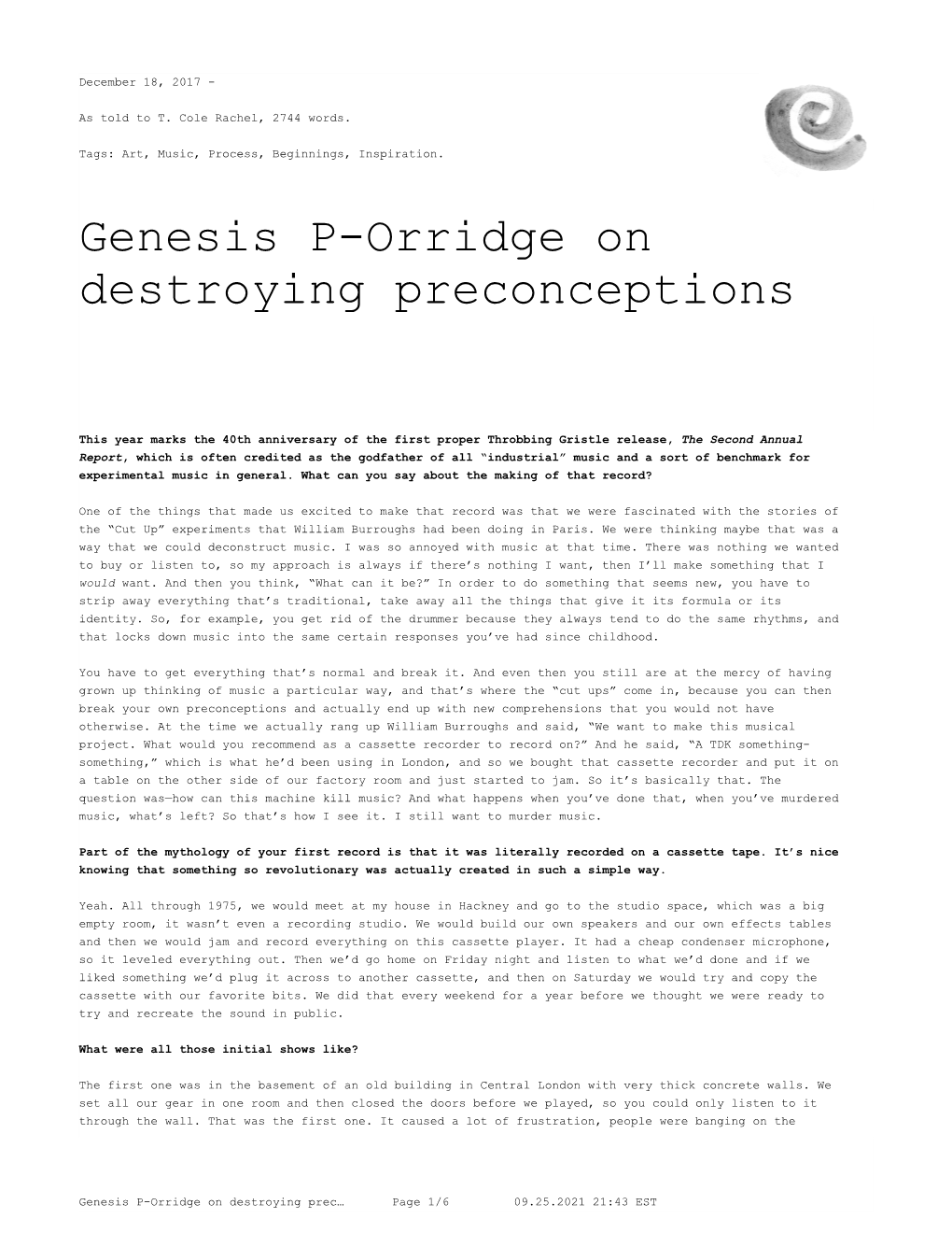 Genesis P-Orridge on Destroying Preconceptions