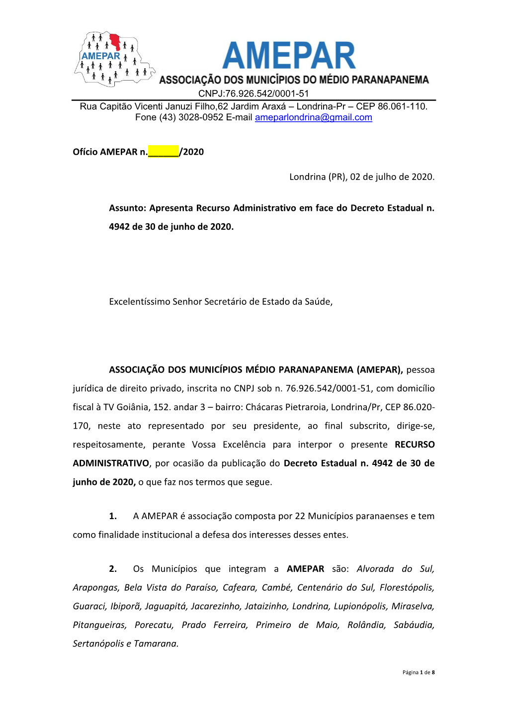 Ofício AMEPAR N.___/2020 Londrina (PR), 02 De Julho De 2020