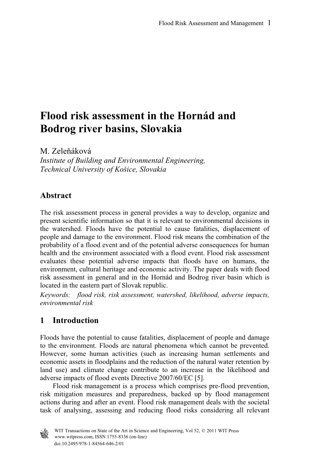 Flood Risk Assessment in the Hornád and Bodrog River Basins, Slovakia