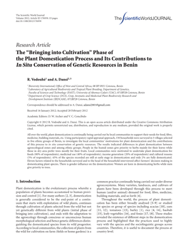 “Bringing Into Cultivation” Phase of the Plant Domestication Process and Its Contributions to in Situ Conservation of Genetic Resources in Benin