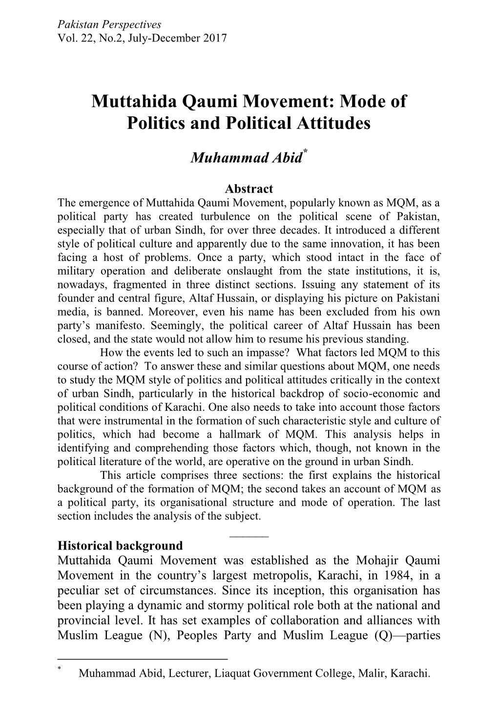 Muttahida Qaumi Movement: Mode of Politics and Political Attitudes