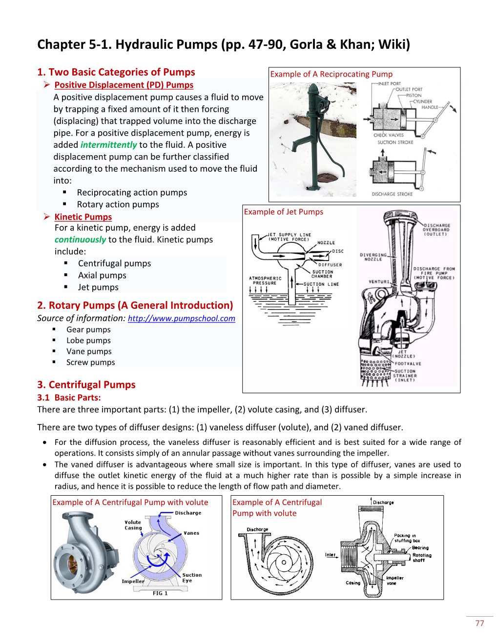 Chapter 5-1. Hydraulic Pumps (Pp. 47-90, Gorla & Khan; Wiki)