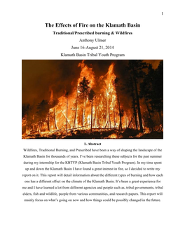 The Effects of Fire on the Klamath Basin Traditional/Prescribed Burning & Wildfires Anthony Ulmer June 16-August 21, 2014 Klamath Basin Tribal Youth Program