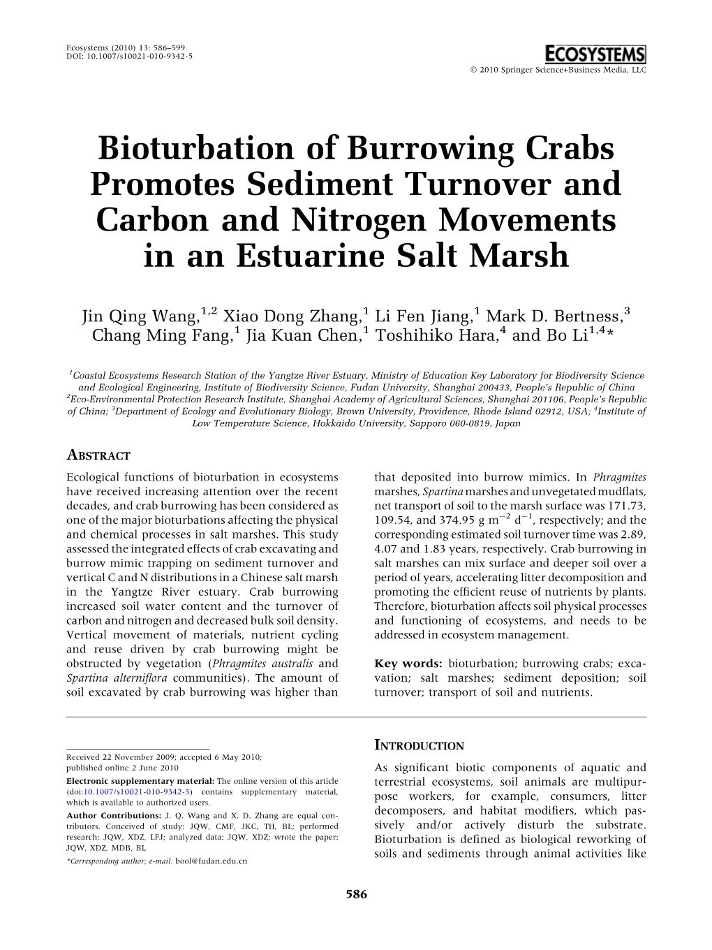 Bioturbation of Burrowing Crabs Promotes Sediment Turnover and Carbon and Nitrogen Movements in an Estuarine Salt Marsh