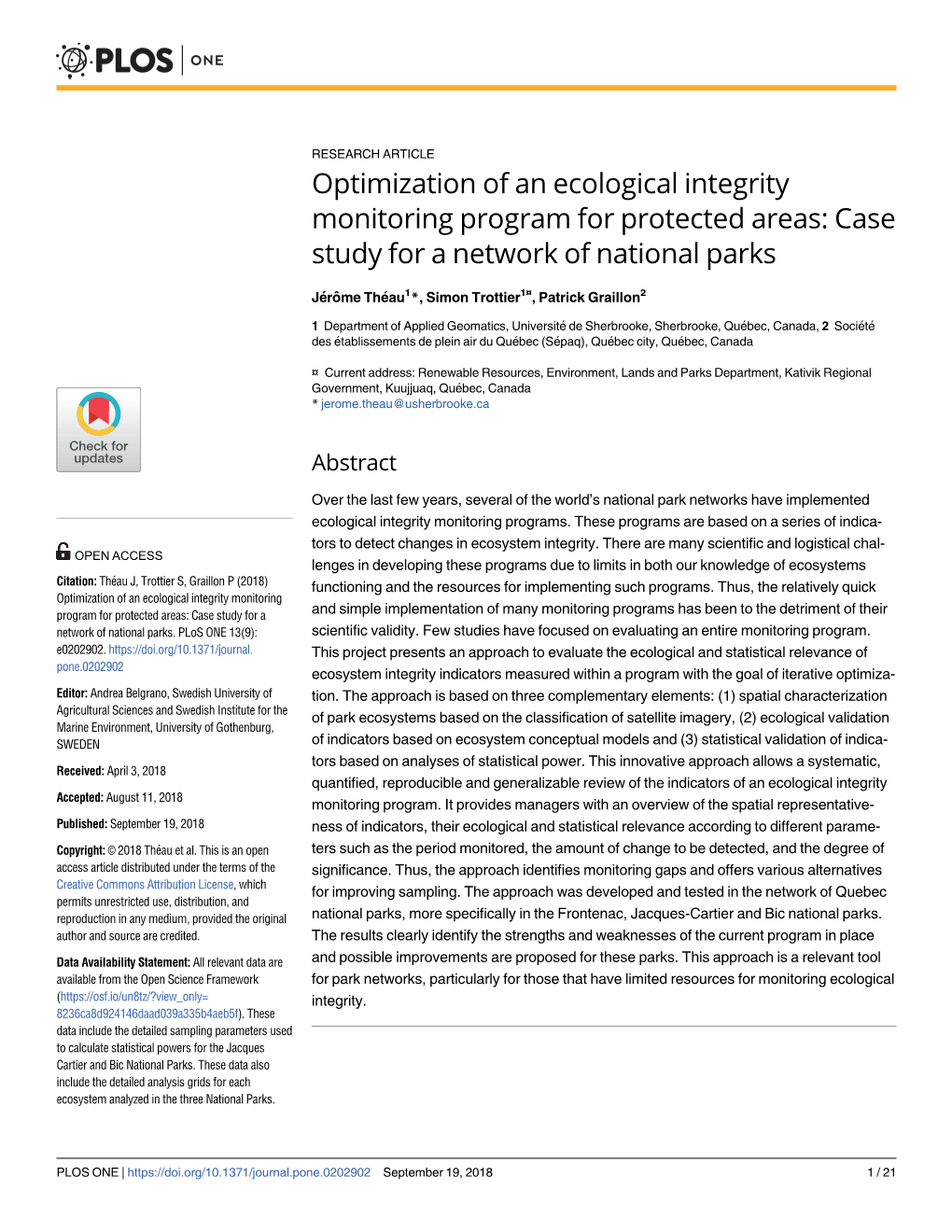 Optimization of an Ecological Integrity Monitoring Program for Protected Areas: Case Study for a Network of National Parks