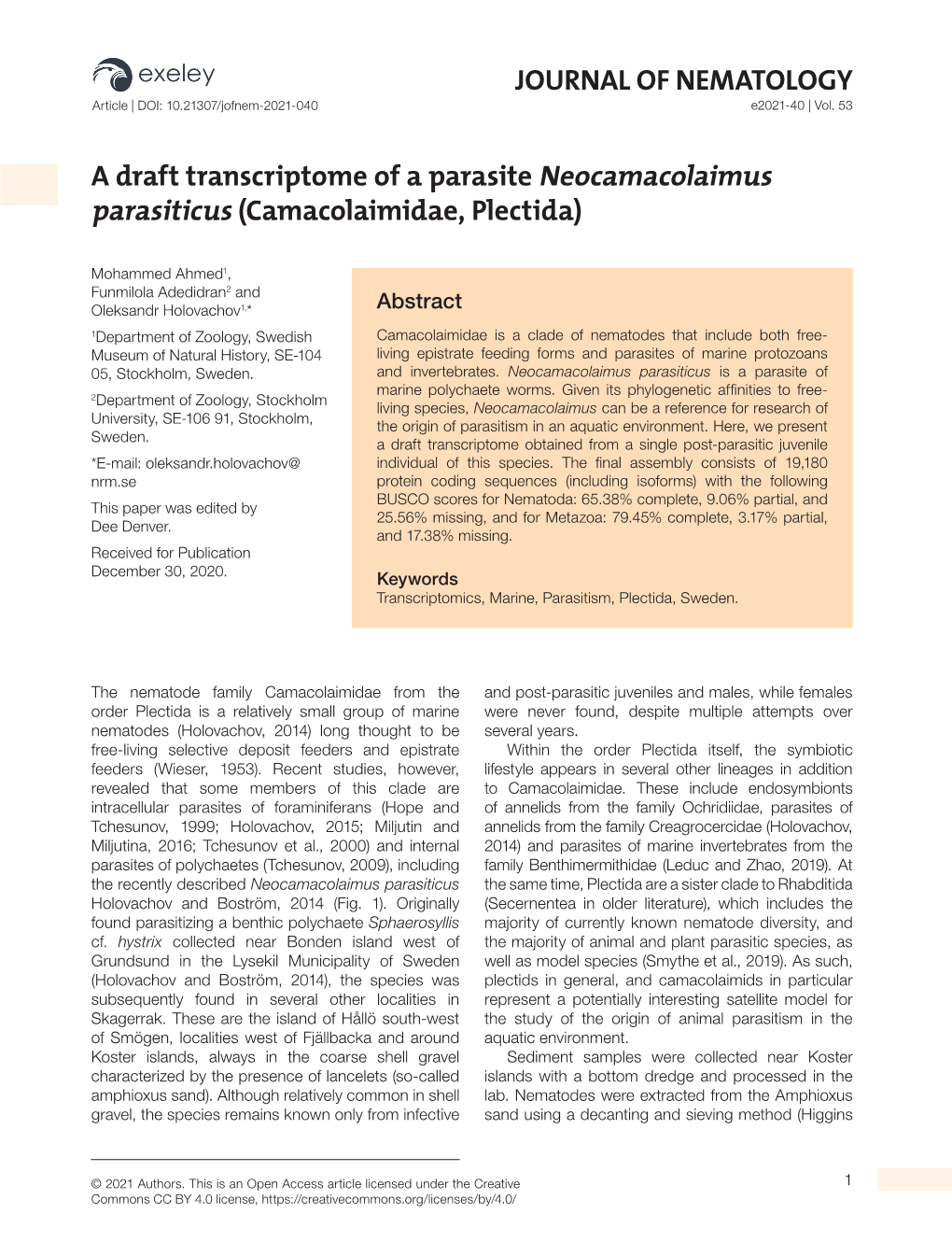 JOURNAL of NEMATOLOGY a Draft Transcriptome of a Parasite
