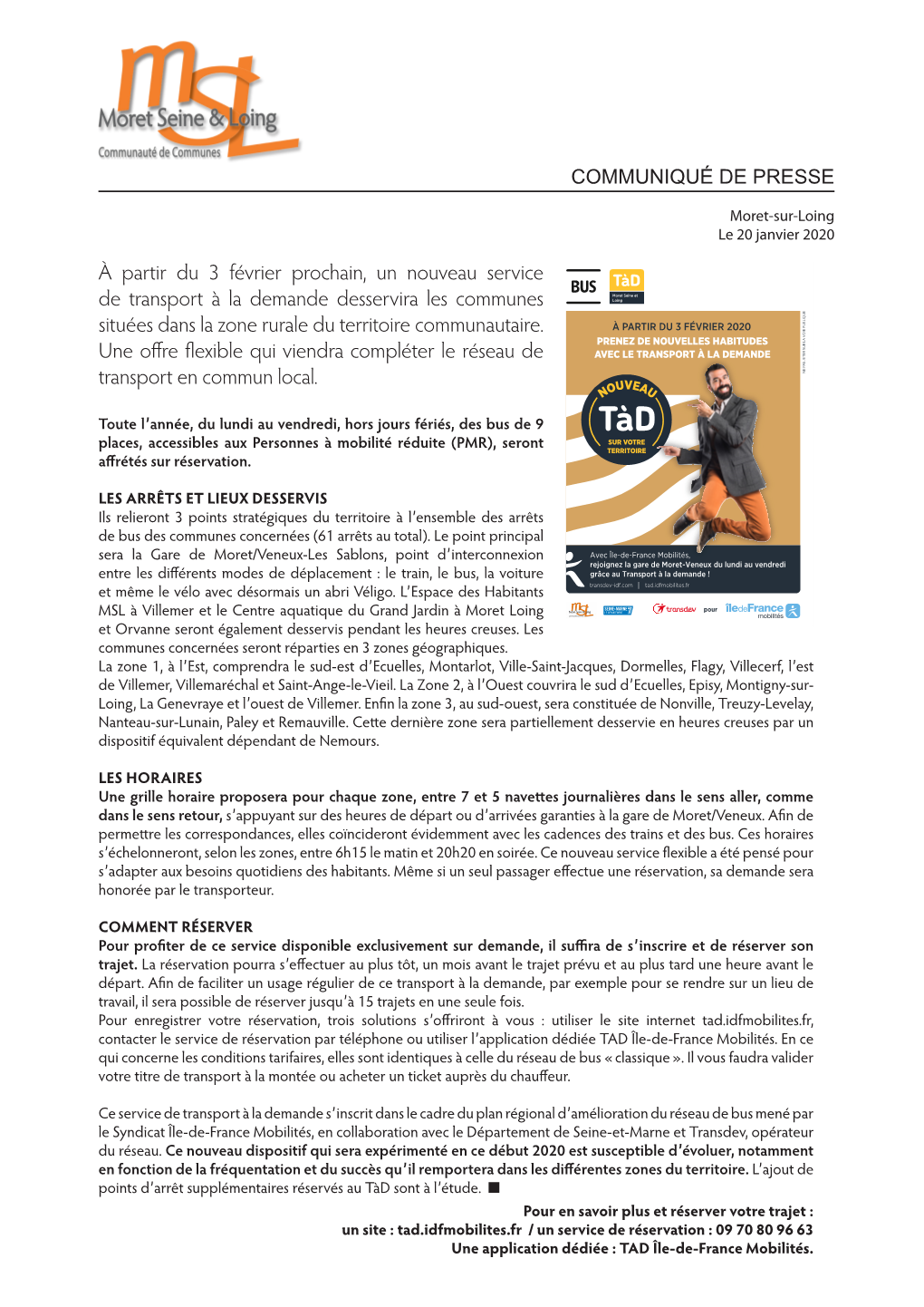 À Partir Du 3 Février Prochain, Un Nouveau Service De Transport À La Demande Desservira Les Communes Situées Dans La Zone Rurale Du Territoire Communautaire