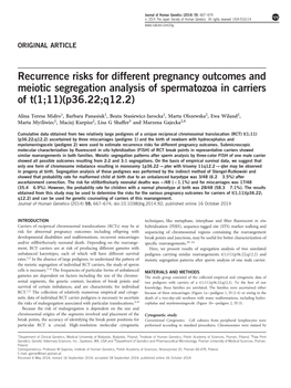 Recurrence Risks for Different Pregnancy Outcomes and Meiotic Segregation Analysis of Spermatozoa in Carriers of T(1;11)(P36.22;Q12.2)