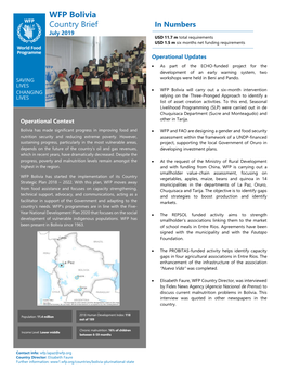 WFP Bolivia Country Brief July 2019