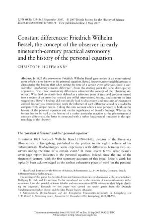 Constant Differences: Friedrich Wilhelm Bessel, the Concept of the Observer in Early Nineteenth-Century Practical Astronomy and the History of the Personal Equation
