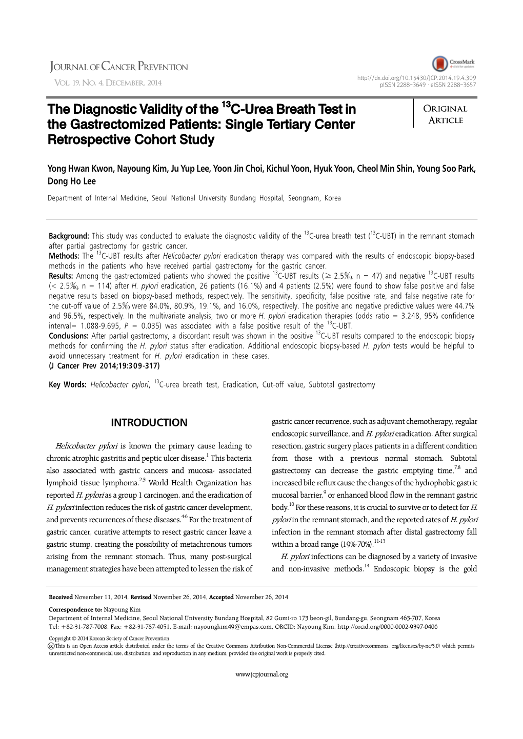 The Diagnostic Validity of the 13C-Urea Breath Test in Original the Gastrectomized Patients: Single Tertiary Center Article Retrospective Cohort Study