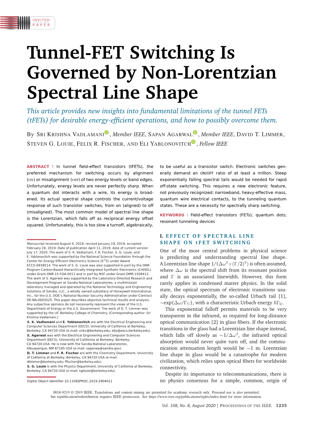 Tunnel-FET Switching Is Governed by Non-Lorentzian Spectral Line Shape