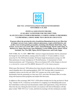 Doc Nyc Announces Lineup for Eleventh Edition November 11-19, 2020