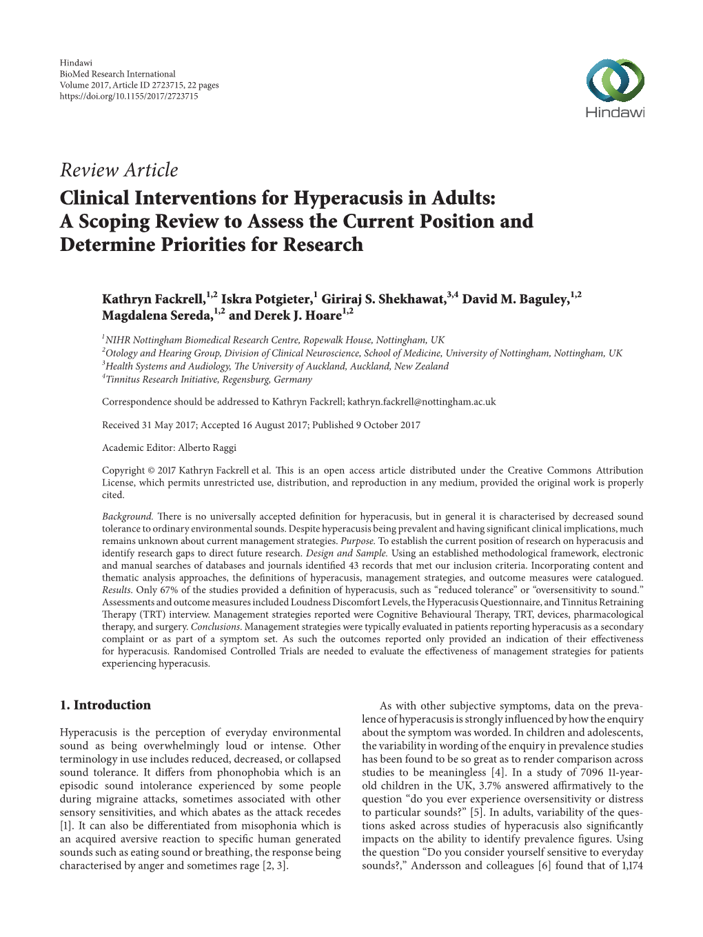 Review Article Clinical Interventions for Hyperacusis in Adults: a Scoping Review to Assess the Current Position and Determine Priorities for Research