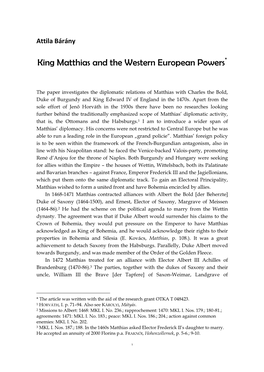 King Matthias and the Western European Powers*