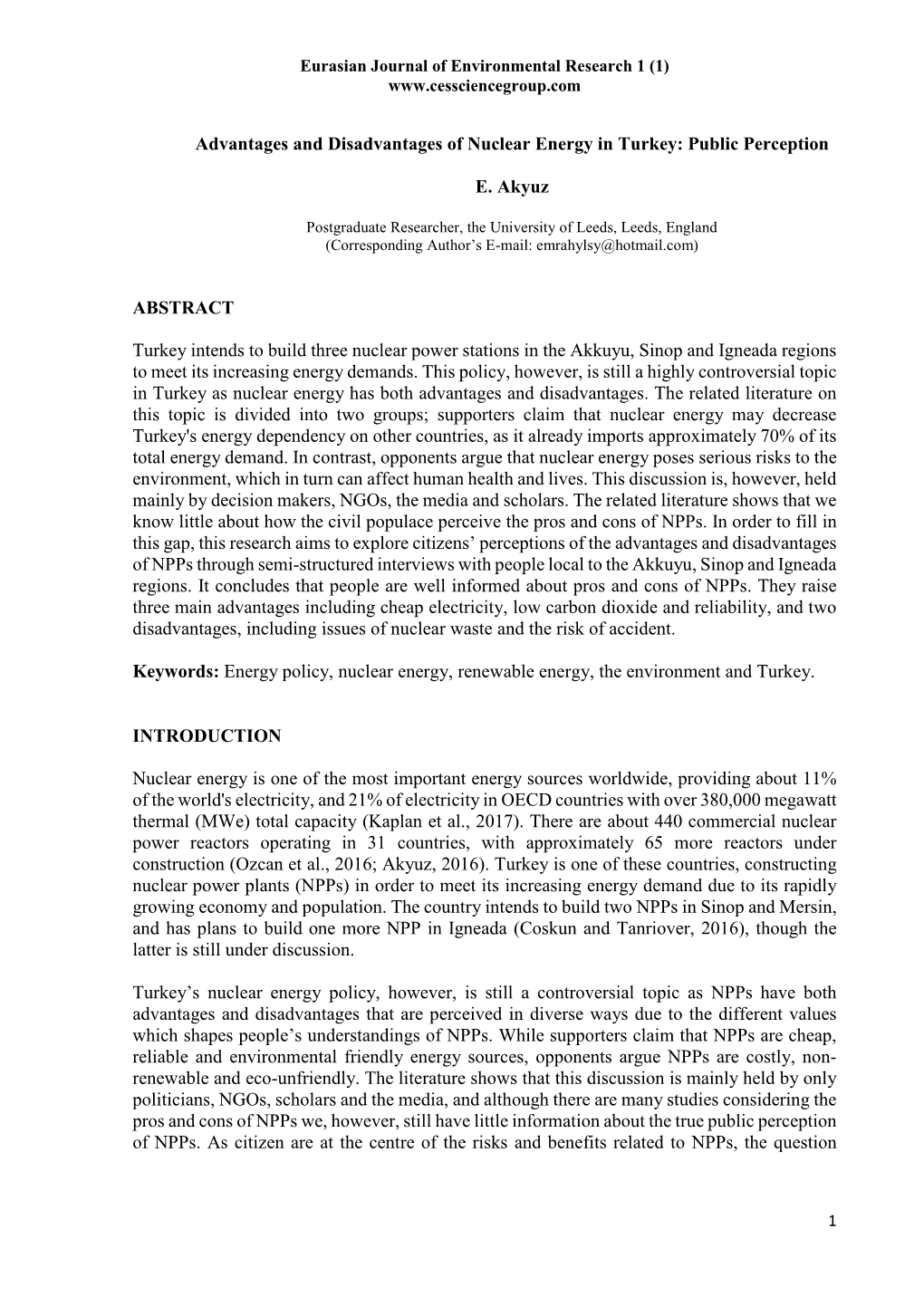 Advantages and Disadvantages of Nuclear Energy in Turkey: Public Perception