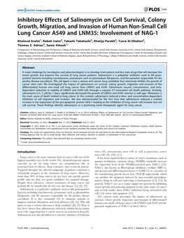 Inhibitory Effects of Salinomycin on Cell Survival, Colony Growth, Migration, and Invasion of Human Non-Small Cell Lung Cancer A549 and LNM35: Involvement of NAG-1