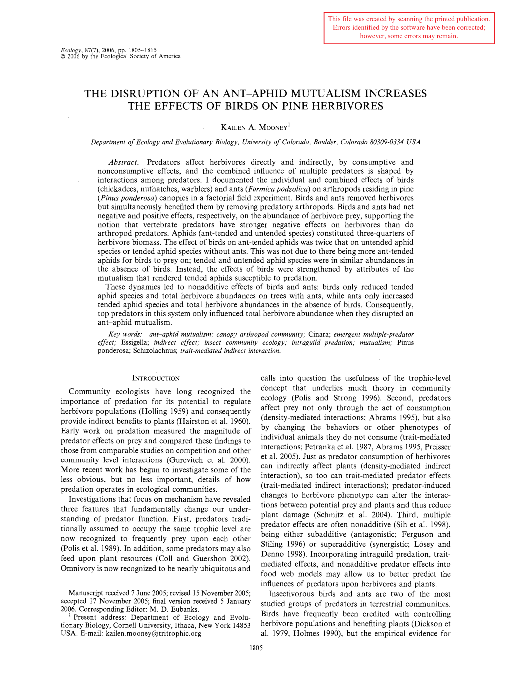 The Disruption of an Ant-Aphid Mutualism Increases the Effects of Birds on Pine Herbivores