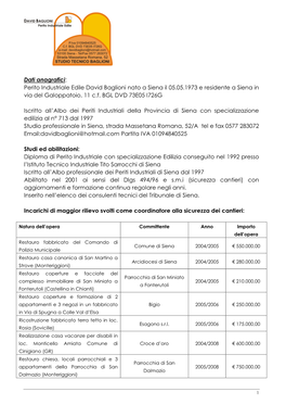 Perito Industriale Edile David Baglioni Nato a Siena Il 05.05.1973 E Residente a Siena in Via Del Galoppatoio, 11 C.F