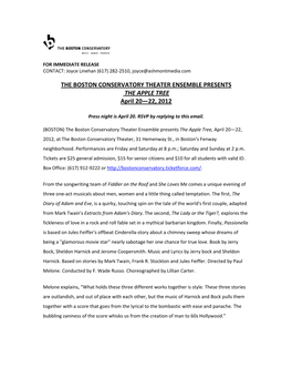 THE BOSTON CONSERVATORY THEATER ENSEMBLE PRESENTS the APPLE TREE April 20—22, 2012
