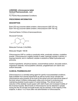 LORZONE- Chlorzoxazone Tablet Vertical Pharmaceuticals , LLC ---For Painful Musculoskeletal Conditions PRESCRIBING INFOR
