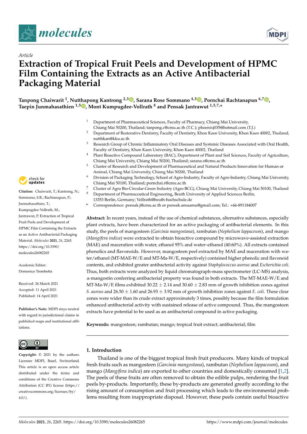 Extraction of Tropical Fruit Peels and Development of HPMC Film Containing the Extracts As an Active Antibacterial Packaging Material