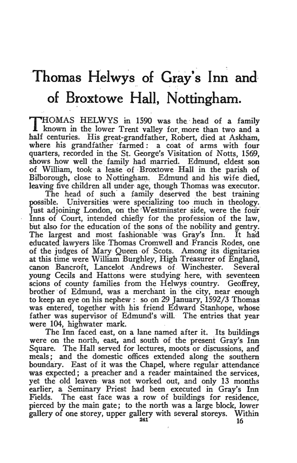 Thomas Helwys of 'Gray's Inn Ana of Broxtowe Hall, Nottingham