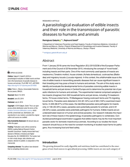 A Parasitological Evaluation of Edible Insects and Their Role in the Transmission of Parasitic Diseases to Humans and Animals