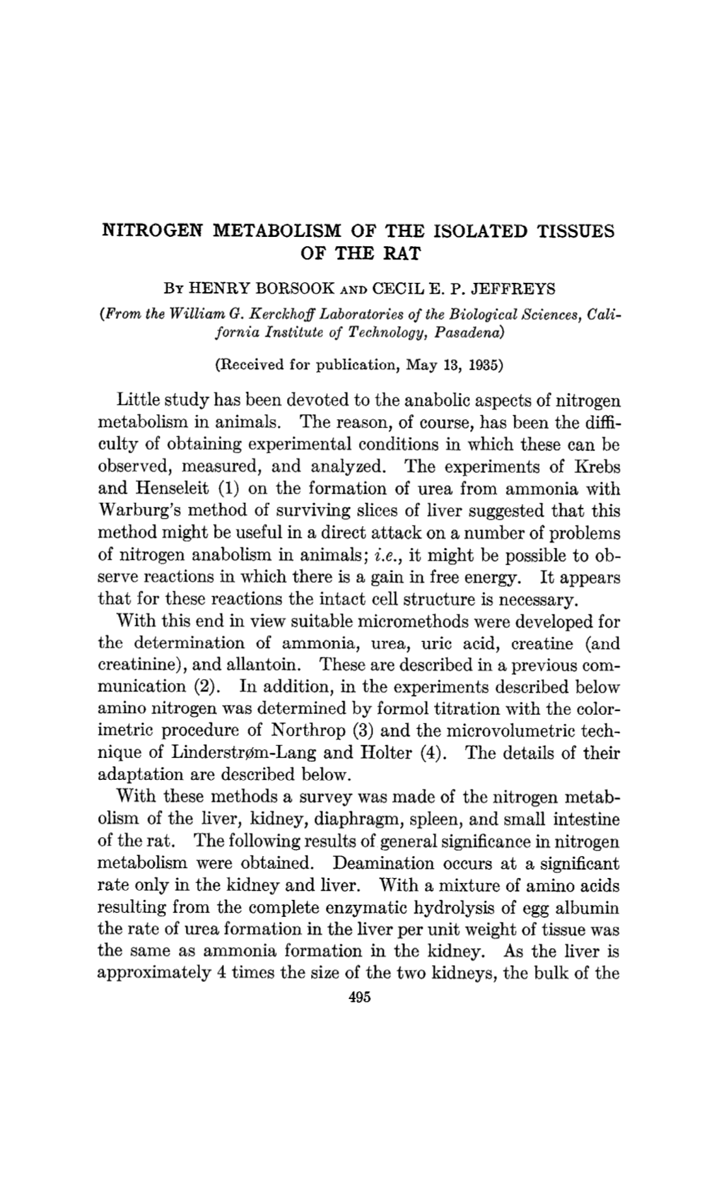 Nitrogen Metabolism of the Isolated Tissues of the Rat