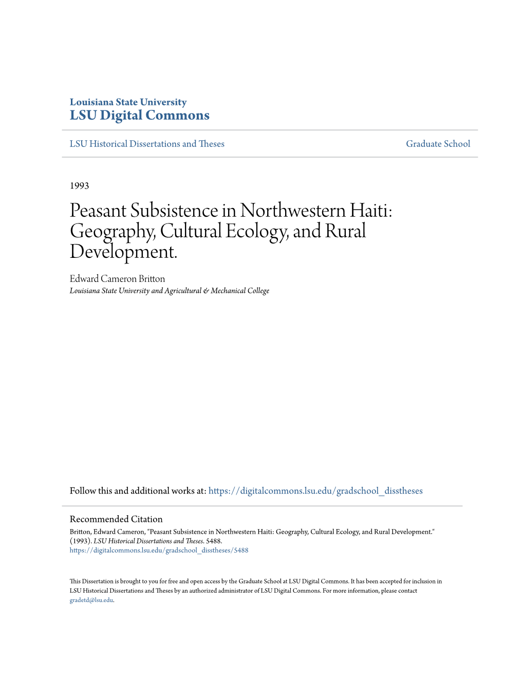 Peasant Subsistence in Northwestern Haiti: Geography, Cultural Ecology, and Rural Development