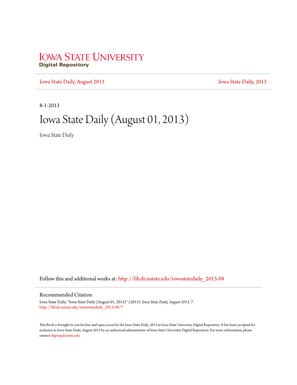 Iowa State Daily, August 2013 Iowa State Daily, 2013