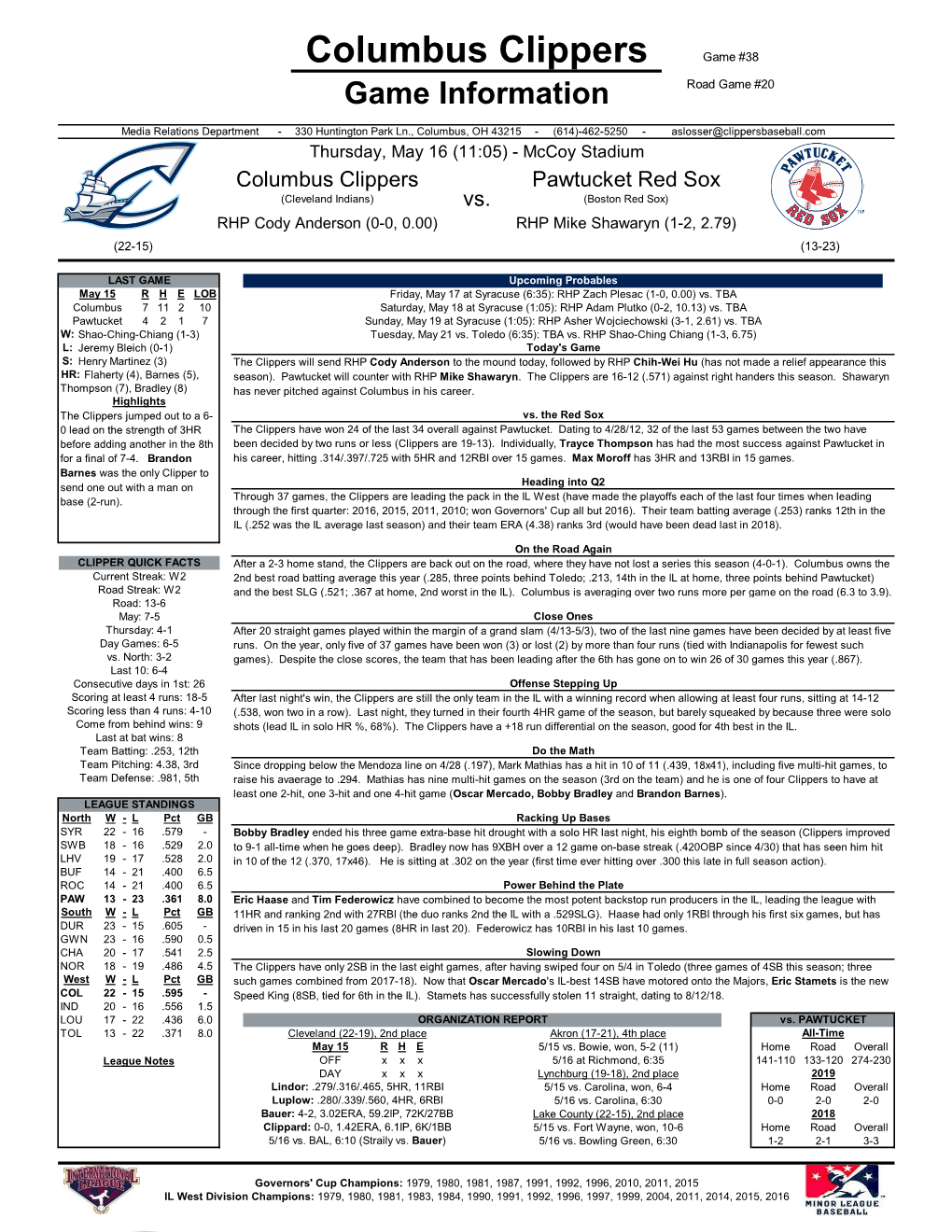 Columbus Clippers Game #38 Game Information Road Game #20