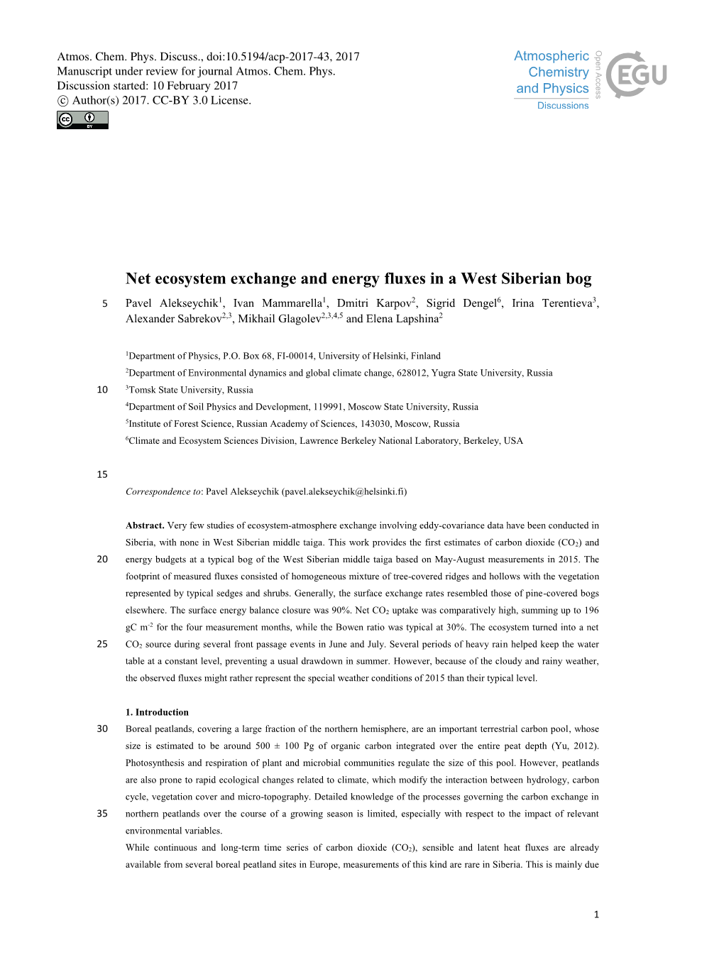 Net Ecosystem Exchange and Energy Fluxes in a West Siberian Bog