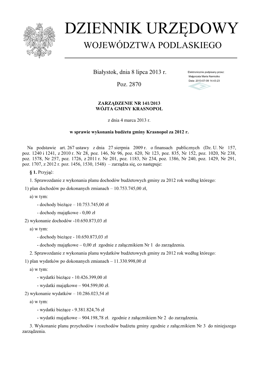 Zarządzenie Nr 141/2013 Z Dnia 4 Marca 2013 R